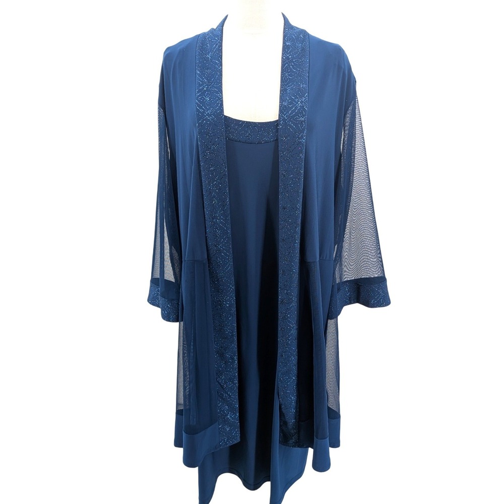 R&M Richards 2 Piece Dress Jacket Set Blue Mesh Glitter Formal Plus Size 22W